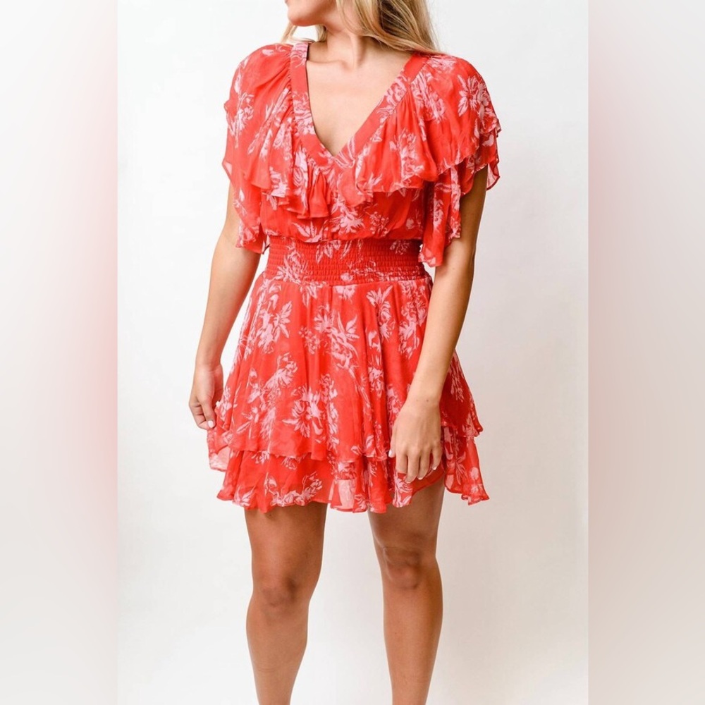 Gilner Farrar Dress Finley Flower Print Red Mini Ruffles Crinkly Fabric Medium